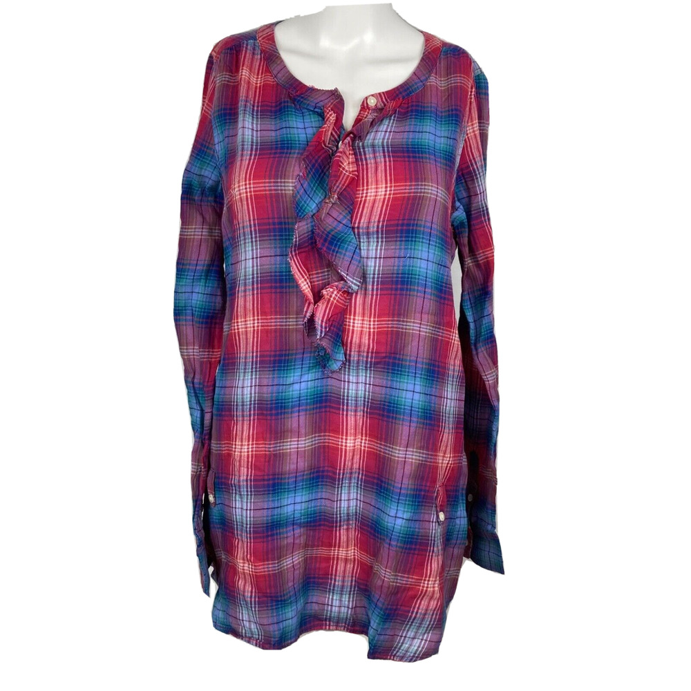 American Eagle Shirt Women Sz 6 Red Blue Plaid Long Sleeve Scoop Ruffle Neck Top